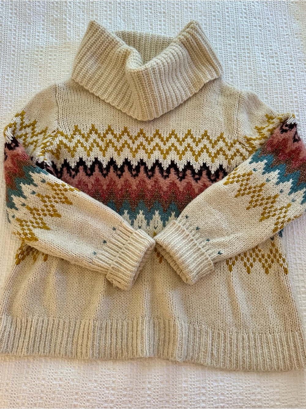 LOFT Cream Turtleneck Sweater with Mustard, Teal & Rust Fair Isle